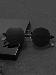 1 Cặp kính thời trang nam gọng tròn bằng kim loại giả vân gỗ, kính thời trang phong cách retro punk gọng tròn bằng kim loại giả vân gỗ. - màu đen - Xem 4