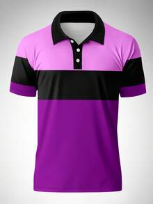 Men's Casual Contrast Color Short Sleeve Polo Shirt, Summer - Purple - View 2