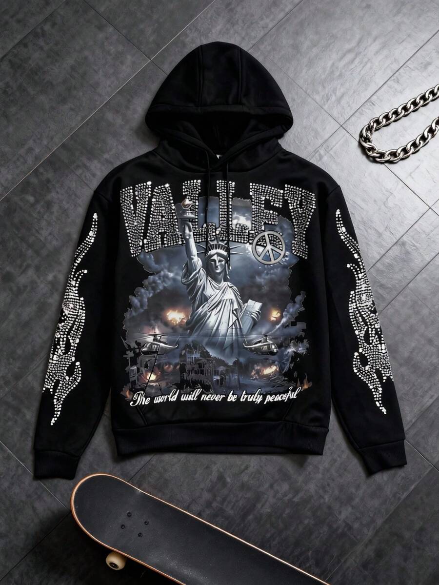 Mens Y2K Letter Print Zip Hoodie Oversized Streetwear Graphic Pullover Harajuku Style Jacket - 黑色 - 查看 1