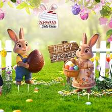 2D打印，2件套复活节兔子户外装饰，花园摆件，含兔子和彩蛋篮 - 户外草坪庭院标牌，适合节日家居和派对装饰，耐用塑料材质，花园装饰，色彩鲜艳的兔子设计，花园配件 - 彩色 - 查看 7