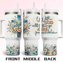 40oz Christian Tumbler With Handle, Floral Cross Faith Design, "With God All Things Are Possible" Insulated Travel Mug For Hot & Cold Drinks, Travel Mug For Home, Office & Church, Perfect Mother's Day, Easter & Holiday Gift For Women,Water Bottle,Termo De Agua,Gifts For Men,Mom Gifts,Tumblers With Straw And Lid,Best Friend Gifts Women,Christian Faith Tumbler,Scripture Quote Mug,24H Cold Retain,12H Hot Keep,Cup Holder Fit,Sweatproof Exterior,Church Travel Mug,Easter Gift Cup,Mother's Day Tumbler,Office Faith Mug,Valentines Gift,Valentine's Day - 40盎司 - 查看 2