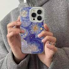 Creative Blue-Purple Starry Sky Pattern Phone Case Compatible With IPhone 11 12 13 14 15 16 17 Pro Max 7 8 Plus X XS Max XR 16e, Golden Star Pattern Shockproof Protective Cover - Multicolor - View 4