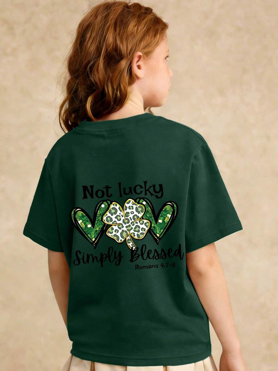 T-shirt pull à col rond, manches courtes, imprimé lettres colorées, design pour la Saint-Patrick, style décontracté. Nouvelle arrivée printemps/été pour filles - Vert - Voir 1