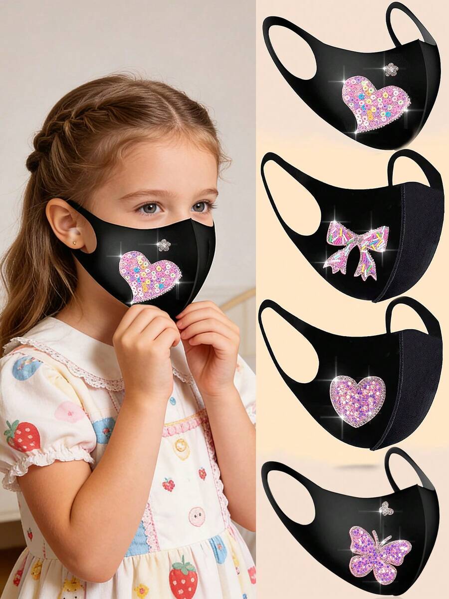 1个可爱优雅的彩色糖果、亮片、水钻、蝴蝶装饰儿童口罩，适合日常佩戴、户外活动、学校、派对、母亲节、情人节、舞会等场合，是女孩的时尚配饰（颜色随机）
