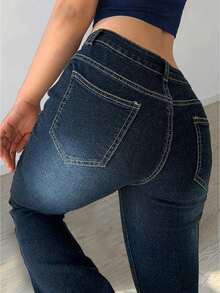 Women Y2K Low Rise Casual Denim Flared Pants Vacation Fashion Street Style With Pockets - Blue - View 4