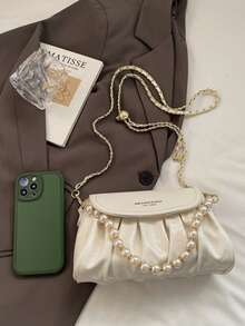 Bolso de hombro para mujer, elegante y de moda, con volantes de perlas de lujo, adecuado para compras, ir al trabajo, citas, fiestas, con bolsillo para teléfono - Burdeos - Ver 7