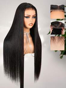 无胶假发，真人发，预先拔毛，预先剪裁，升级版耳到耳6x5蕾丝前假发，真人发，无胶佩戴，抽绳直发前假发，带胶带，220%密度，18英寸 - Natural Black - 查看 4