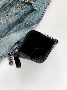 新款时尚纯色PU防水手提钱包，不对称铆钉设计，Y2K少女风便携信封包，拉链封口，可作手机袋，适合各种场合，是户外旅行的理想之选，方便携带和收纳，时尚女士手拿包 - 黑色 - 查看 6