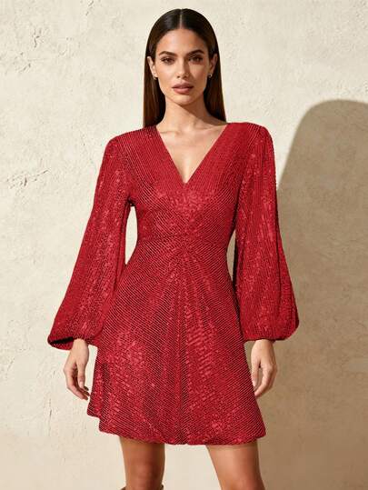 1pc Shiny V-Neck Lantern Sleeve Party Dress With Romantic Sequin Patchwork, Suitable For Party, Birthday, Date Night, Music Festival