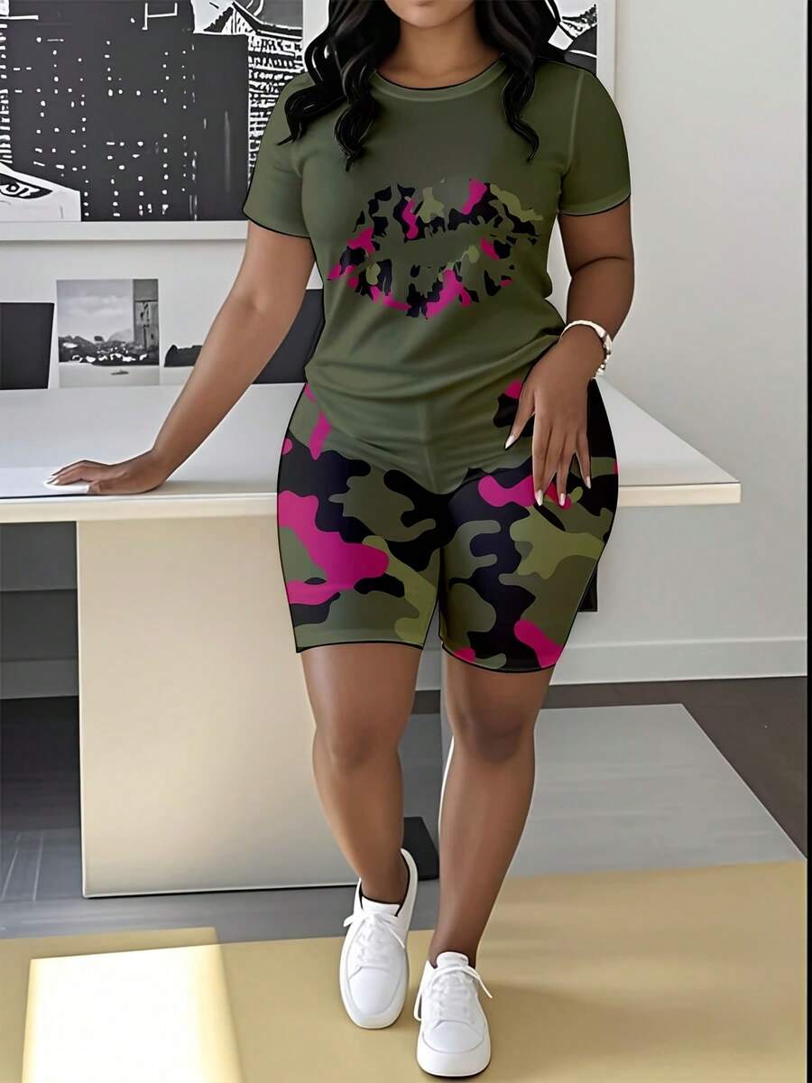 Short Sleeve Shorts Plus Size Set Green Camouflage Pink Print Casual Sportswear For Women - 彩色 - 查看 1