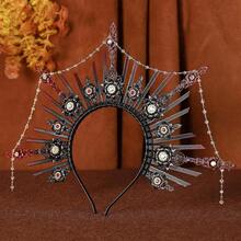 Sunburst Goddess HA 11LO Crown - Sun Flower Headpiece Virgin Mary Goddess Headband For Women Renaissance Costmue - 黑紅配流蘇 - 查看 3