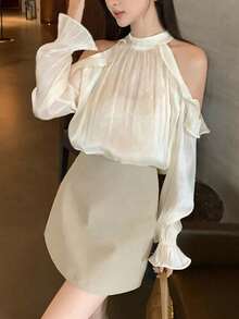 女士优雅蕾丝边露肩荷叶边设计上衣 - 杏色 - 查看 5