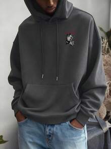 男士酷炫印花宽松保暖连帽卫衣，街头时尚 - 深灰色 - 查看 2