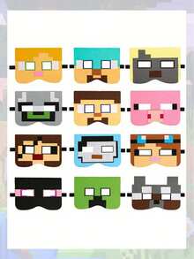 12pcs/Set Minecraft Pixel Battle Game Themed Masks - Steve, Alex, Villager, Passive Characters, Fun Photo Props, Suitable For Holidays, Halloween, Christmas, Family Gatherings, Birthday Parties, Cosplay Decoration