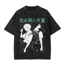 Washed T-Shirts 'The Summer Hikaru Died' Retro Hip Hop Style, Oversized Hikaru Yoshiki Anime Streetwear T-Shirts For Men And Women - 黑色 - 查看 1