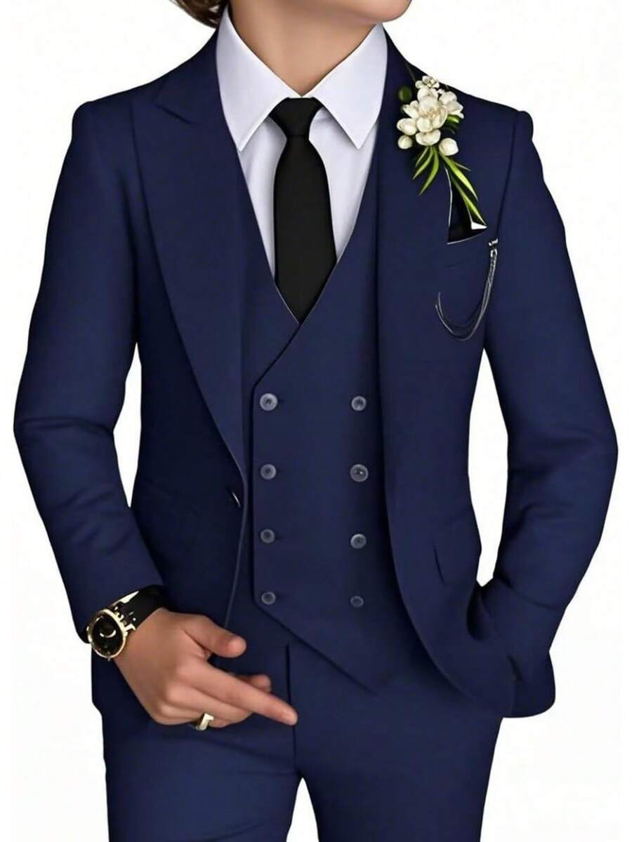Stylish Boys 4 Piece Slim Fit One Button Formal Suit Set With Tie For Wedding Prom Party - Navy - View 1