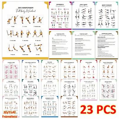 23 delar/set helkroppsträningskit, fitnessutmaning, träningsguidekort, professionella helkroppsövningstillbehör, fitnessutmaning gymnastikträning, viktminskningsguidekort för hemmabruk, ramlös design, storlek 20 x 25 cm
