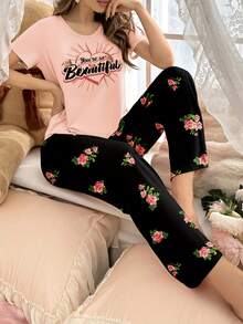 2pcs/Set Pink Short Sleeve Top And Printed Pants Pajamas, Women Sleepwear - Pink - View 4