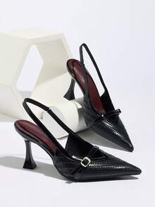 2026 Nuevas sandalias sin cordones con hebilla, zapatos de tacón grueso de material de cuero lacado de alta gama, elegantes zapatos de vestir para el trabajo y el transporte - Negro - Ver 7