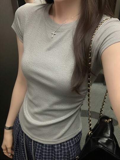 New Slim Fit Short Sleeve T-Shirt For Women, Elastic Basic Round Neck Straight Shoulder Top, Minimalist Solid Color, Slimming Short Sleeve Undershirt, Basic Style
