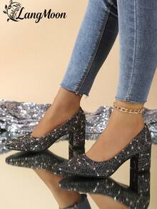 LangMoon 2026 新款黑色亮片粗跟高跟鞋 - 舒适百搭的性感设计，闪亮亮片点缀，尽显欧美性感魅力，适合派对、聚会、夜生活和休闲时尚造型，优质柔软鞋垫，不勒脚，女士高跟鞋，适合婚礼季和各种节日穿着。 - 黑色 - 查看 6