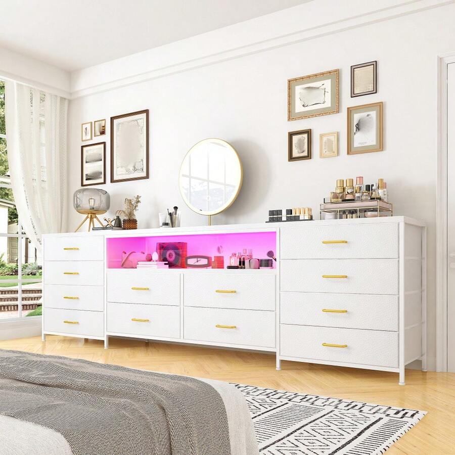 EnHomee Fits 75" TV Stand Dresser For 65 70 75 Inch TV 63" W Dresser TV Stand For Bedroom With LED Lights & Power Outlets & 12 Drawers Dresser For Bedroom Long Fabric Dresser Entertainment Center, Room Decor, Home Decor - Xem 1