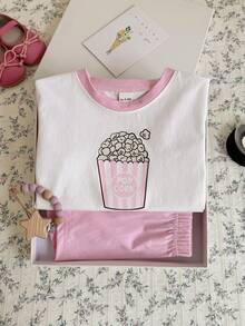 Set de 2 piezas de camiseta de manga corta con estampado de palomitas de maíz + pantalones cortos rosas, informal y dulce para niña bebé, primavera/verano - Rosa - Ver 10