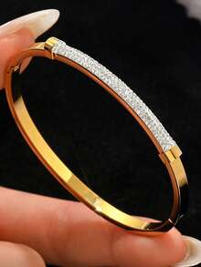 3 Sets/1 Set 18K Gold Plated Stainless Steel Four-Leaf Clover Nail Bracelet, Suitable For Women's Party, Daily Wear, European And American Style, Personalized, Generous, Luxurious Cubic Zirconia Wristband, Wedding Jewelry Set, Gift For Girls, Ladies, Relatives, Friends, Beautiful Wedding, Birthday, Valentine's Day, 18K Gold Plated Stainless Steel Floral Bracelet, Suitable For Women's Daily Wear, Classic Floral And Roman Numeral Rivet Design, Waterproof, European And American Style, Casual, Wedding, Party - Yellow Gold - View 15