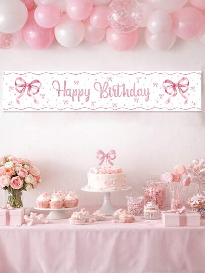 1pc Pink Bow Birthday Banner, Happy Birthday Hanging Banner, 200*40cm Polyester Background Banner, 1st Birthday Party Decoration, Baby Girl Party Supplies, Gender Reveal Party Decor, Pink Bow Background Cloth, Pink Birthday Decoration, Infant Party Supplies, Pink Bow Theme Birthday Party Decoration, Garden Yard Decor, Baby Shower Props, Pink Bow Decor, Nursery Decoration