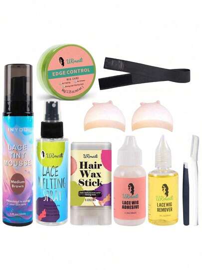 10 قطعة طقم غراء الدانتيل وصبغة الدانتيل وفوم الباروكة، طقم كامل لتركيب الباروكة الأمامية الدانتيل، طقم تركيب الباروكة، طقم إذابة الباروكة، رذاذ الإذابة لباروكة الدانتيل، مستلزمات إذابة الباروكة