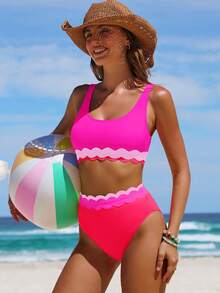 popvil 女士荷叶边比基尼套装，吊带高腰两件式泳衣，可爱泳装，适合夏季海滩度假 - 玫紅色 - 查看 2