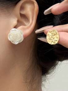 5对复古方形花朵仿珍珠耳钉，甜美小众简约百搭耳环套装 - 彩色 - 查看 6