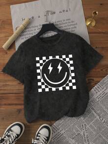 女士夏季休闲黑白格子闪电印花T恤，格子笑脸T恤，快乐笑脸衬衫，圆领短袖休闲简约百搭上衣，复古休闲上衣，趣味漂亮T恤，积极向上T恤。 - 黑色 - 查看 6