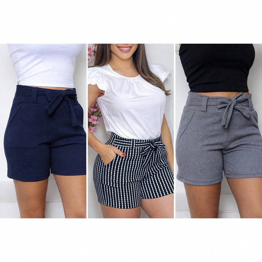 Set Of 3 Gray/Striped/Royal Blue Shorts With Honeycomb Print, Pockets, And Belt - Perfect For School, Everyday Wear, And Carnival. - Nhiều màu - Xem 1