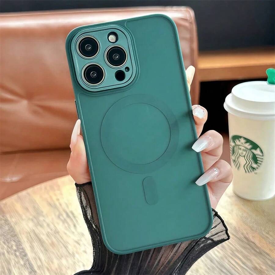 Funda Translúcida Mate Para Magsafe Para iPhone 16 15 Pro 14 13 12 11 Pro Max Cubierta de Carga Inalámbrica Magnética Protección de Lente - Verde Oscuro - Ver 1