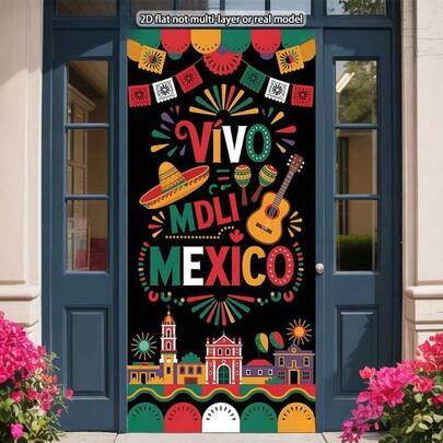 Banner grande para festa mexicana, 2Dflat, 1 peça - Decoração vibrante com tema mexicano, incluindo chapéu de mariachi, guitarra e fogos de artifício - Ideal para decoração de portas, varandas e ambientes em estilo tradicional mexicano.