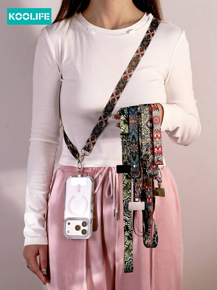 Koolife 1pc Adjustable Long Crossbody Phone Lanyard, Vintage Totem Wide Fabric Strap With Rotatable Metal Clip, Fashionable Versatile Durable Non-Chafing Accessory, Hands-Free For Daily Errands Outdoor Travel, Fit For Women's Phone Shoulder/Neck Hanging & Small Wallet Compatible With Android And Most Smartphone,Gifts For Mother, Family, Friends, Birthday, Holiday Phone Chain - Multicolor - View 1