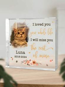 1Pc Personalized Acrylic Square Pet Memorial Plaque - Forever Loved Cat Remembrance Keepsake With Angel Wing Design & Custom Name - Elegant Desk Decor For Cat Owners, Heartwarming Illustration - Multicolor - View 4