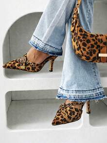 Mules Heels For Women Kitten Heel Sandals Pointed Toe Buckle Slip On Studded Pointed Stiletto Heels Party Dress Pumps - Leopard - View 2