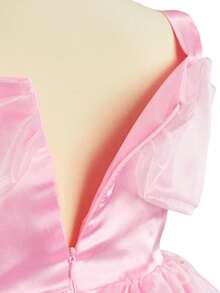 4pcs/Set Pink Princess Dress With Tulle Skirt, Gold Star Print Girl Princess Dress, Spaghetti Strap Off-Shoulder Dress, Suitable For Holiday Party, Celebration - Pink - View 3