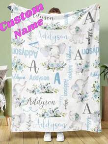 1pc Customized Text & Elephant Pattern Flannel Blanket, Available In Pink Or White, Soft & Comfortable For Bedroom, Sofa, Office, Multipurpose Use, Suitable For Outdoor Camping, Creative Gift For Pet Lovers, Ideal For Valentine's Day, Mother's Day, Birthday, Anniversary, Graduation, Wedding, And Gifting To Parents, Friends, Boyfriend/Girlfriend, Wife/Husband - Blue - View 11