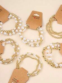 Bộ 3 vòng tay ngọc trai và kim loại dành cho nữ, vòng tay nhiều lớp thời trang dễ thương, trang sức co giãn tinh tế, quà tặng cho phụ nữ, mẹ, Ngày của Mẹ. - Vàng - Xem 1