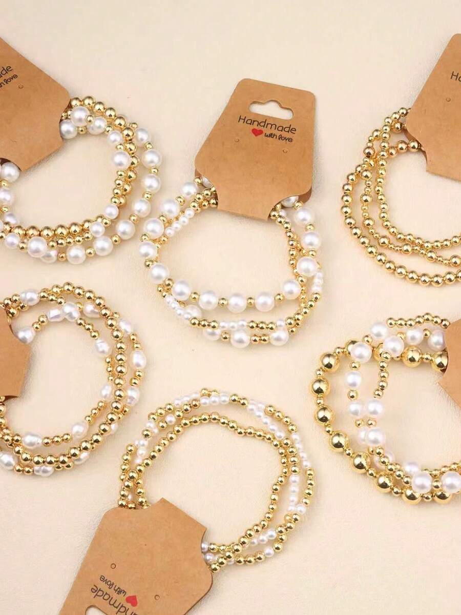 Bộ 3 vòng tay ngọc trai và kim loại dành cho nữ, vòng tay nhiều lớp thời trang dễ thương, trang sức co giãn tinh tế, quà tặng cho phụ nữ, mẹ, Ngày của Mẹ. - Vàng - Xem 1