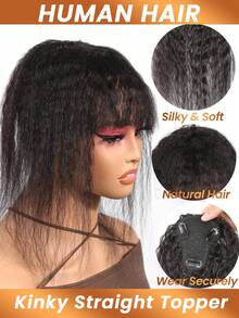 Kinky Straight Human Hair Topper With Bangs Topper Hair Piece With Thinning Hair Clip In Topper Wiglets Natural Black Fluffy Curly Hair Topper - Natural Black - View 3