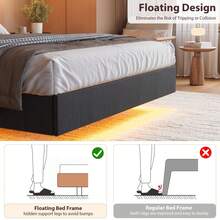 Queen-Size Floating Bed Base With LED Lights And Charging Station, Upholstered Platform With Storage Headboard, Wooden Slat Support, No Box Spring Needed - Black - View 7