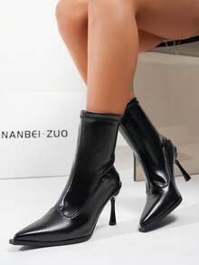 NANBEI ZUO 时尚韩版尖头后拉链设计女士黑色单排踝靴，新款春秋欧美职业办公高跟靴，户外优雅简约百搭亮面细高跟踝靴，适合圣诞节/新年/情人节等场合 - 黑色 - 查看 5
