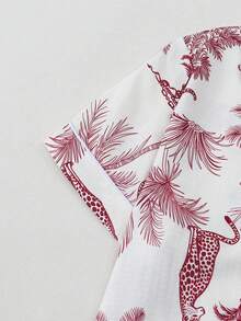 Giraffe & Monkey Print Short Sleeve Shorts Pajama Set For Women - Red - View 3