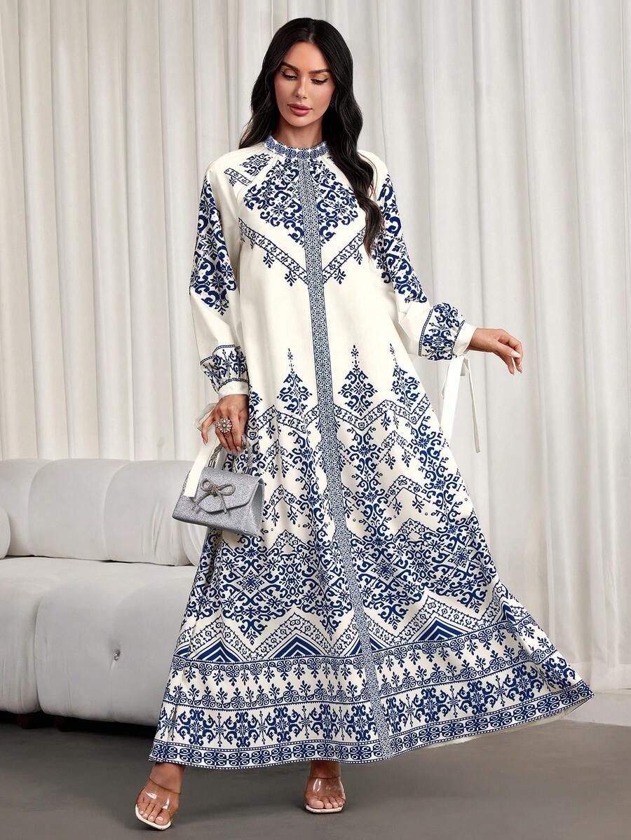 Women's Spring/Summer New A-Line Maxi Dress – Long-Sleeve, Loose Fit, Lantern Sleeves, Tie-Dye Print Neckline, Perfect For New Year, Holidays, Vacation & Daily Wear