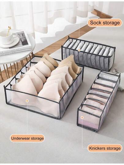 3pcs Foldable Divided Storage Boxes, Bra, Underwear, Socks Organizer Containers, Random Colors (White, Gray, Beige, Black, Etc.)