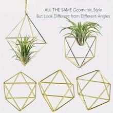 几何金属花架 - 现代花园吊篮，空气凤梨盆架，墙面装饰 - 艺术装饰几何金属吊篮 - 轻巧波西米亚风敞口设计，适合空气凤梨和多肉植物，不对称造型，经久耐用，室内/室外装饰架篮，户外吊盆，现代工艺品，室内植物装饰 - 金色 - 查看 3